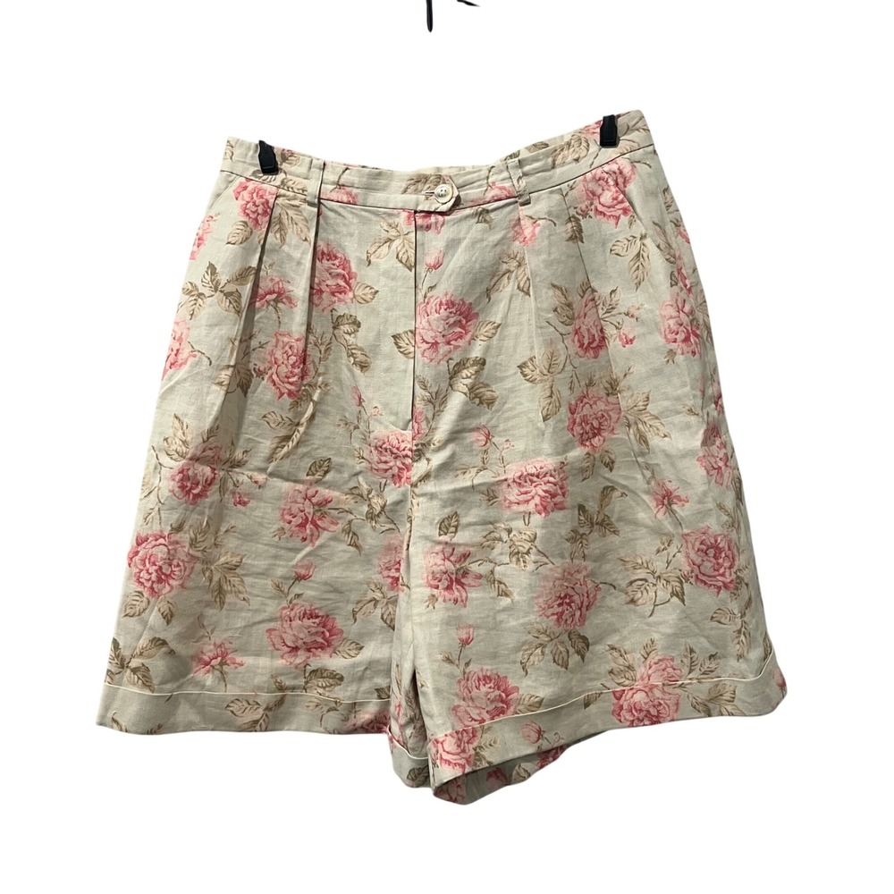 Vintage Lauren Ralph Lauren Shorts Womens 8 Beige Floral Linen Pleated Cuffed